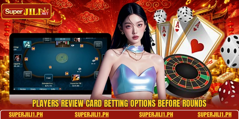 Players review card betting options before rounds Players review card betting options before rounds